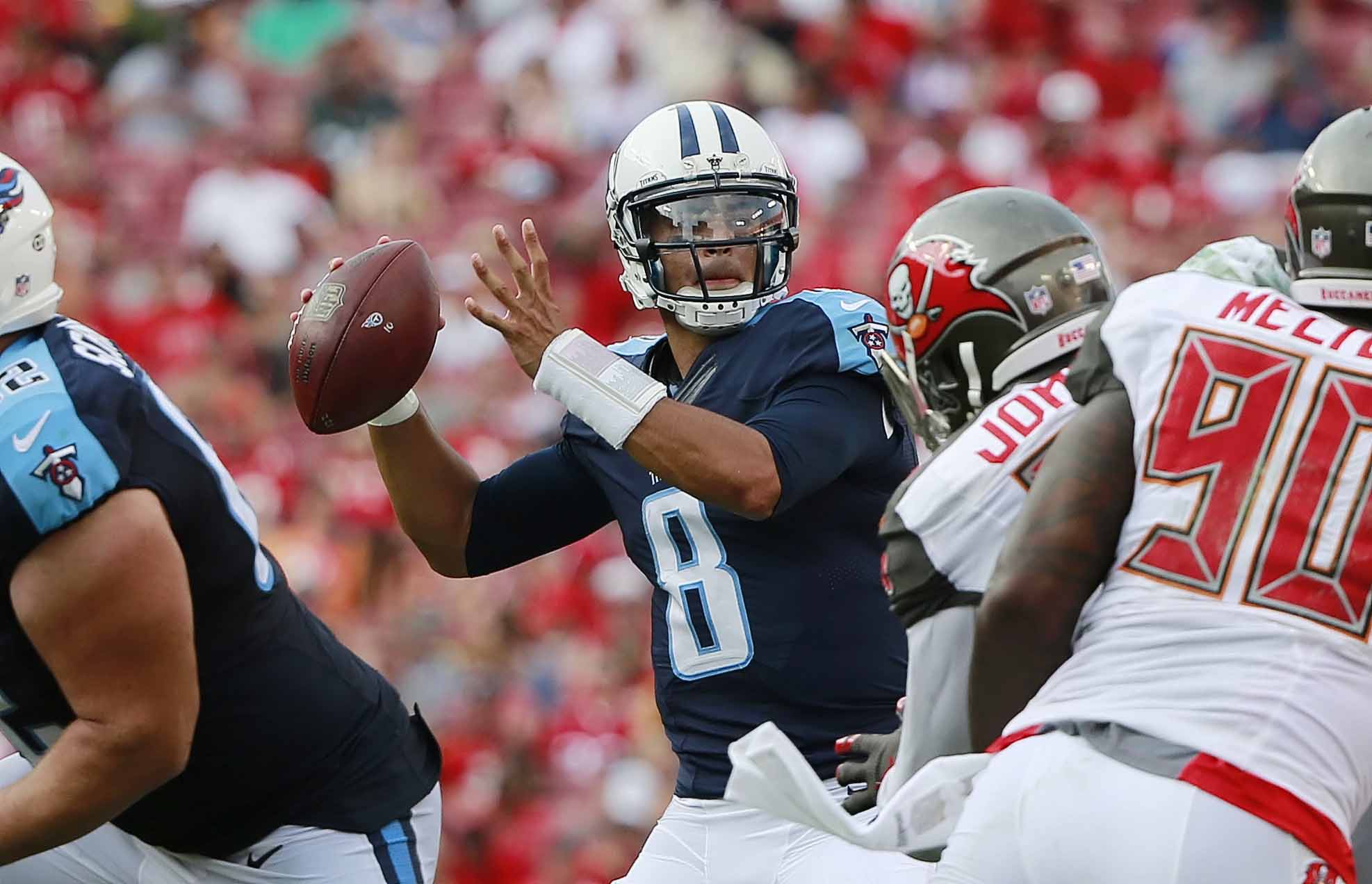 Tennessee Titans quarterback Marcus Mariota (8) looks to throw a